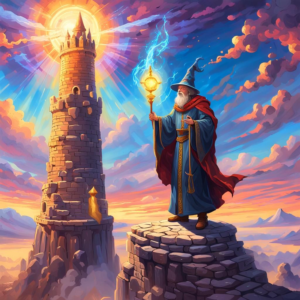 Wizard Casting Spell Atop Ancient Tower as Oil Painting