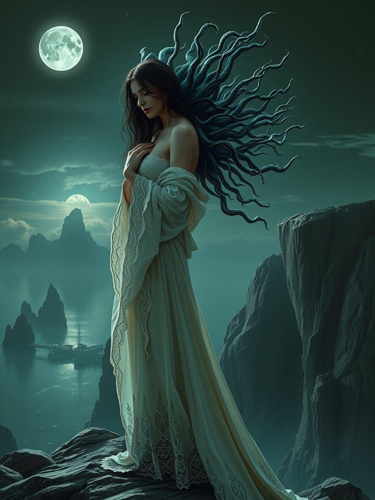 Ethereal Woman with Bioluminescent Hair in Gothic Surrealism