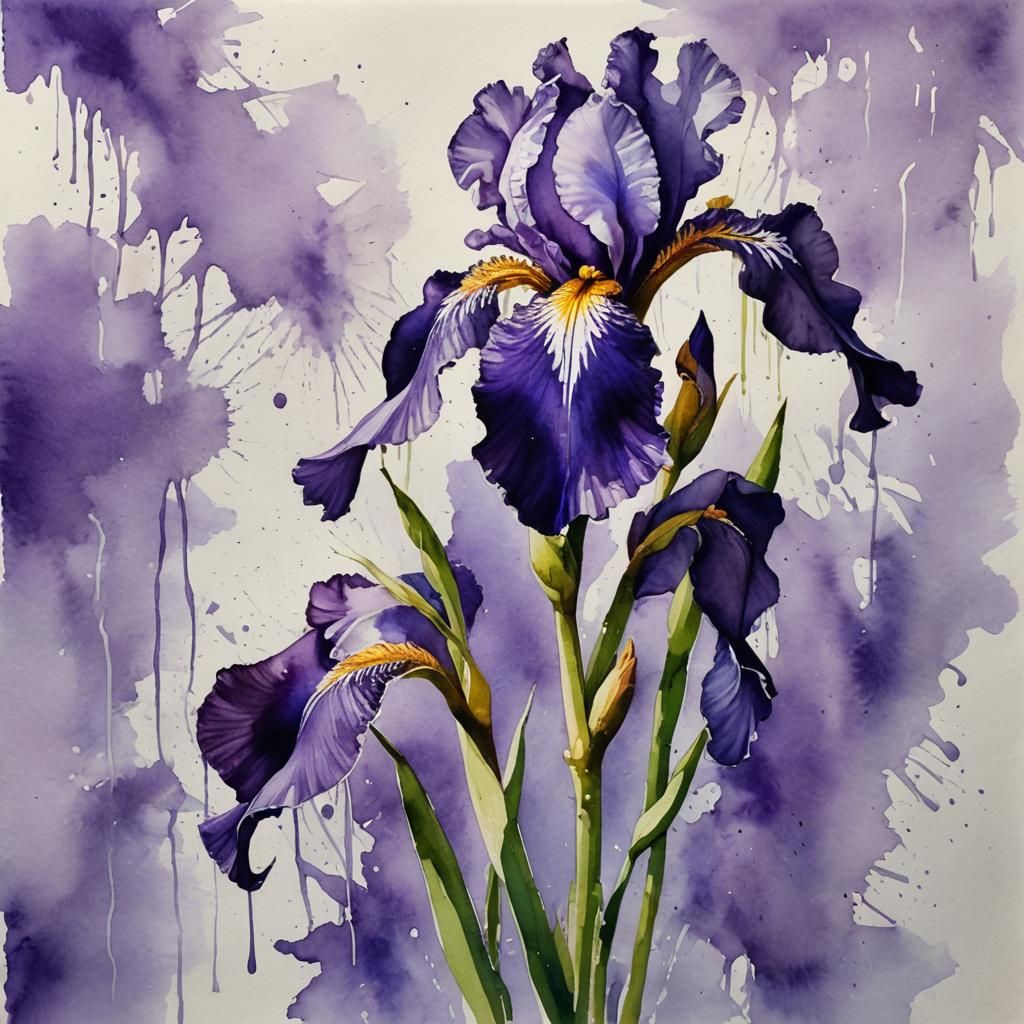 Watercolor Purple Iris with Splashed Paint Effects