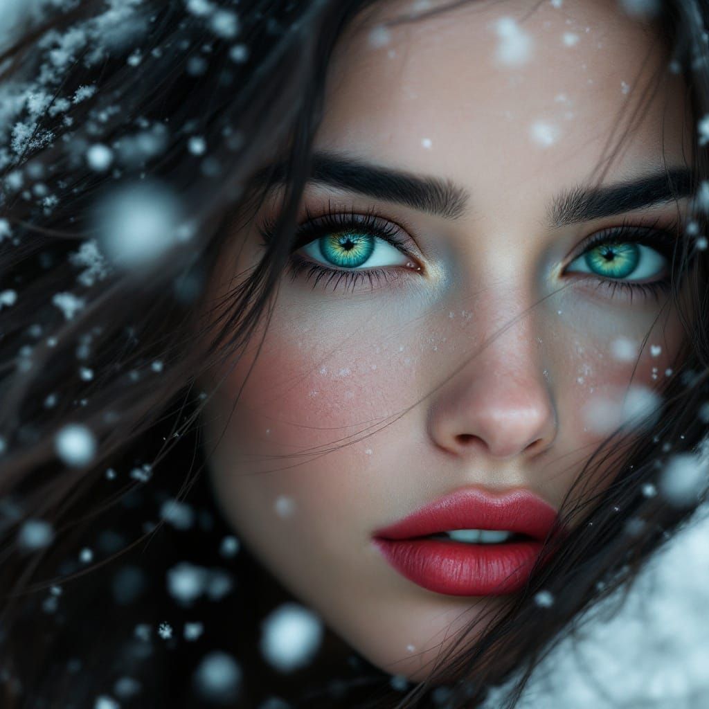 Ethereal Portrait of Raven-Haired Woman in Snowy Wilderness