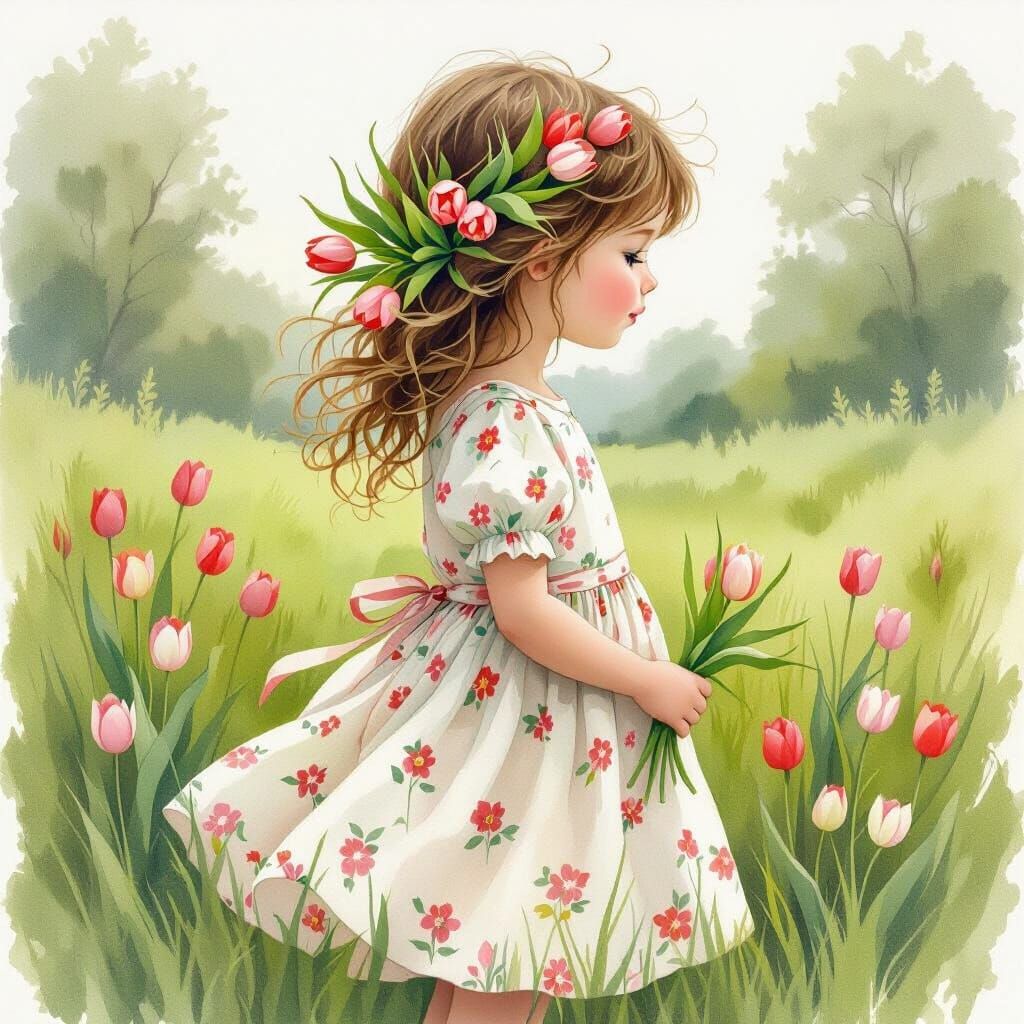 Whimsical Girl with Tulip Hair in Watercolor Style