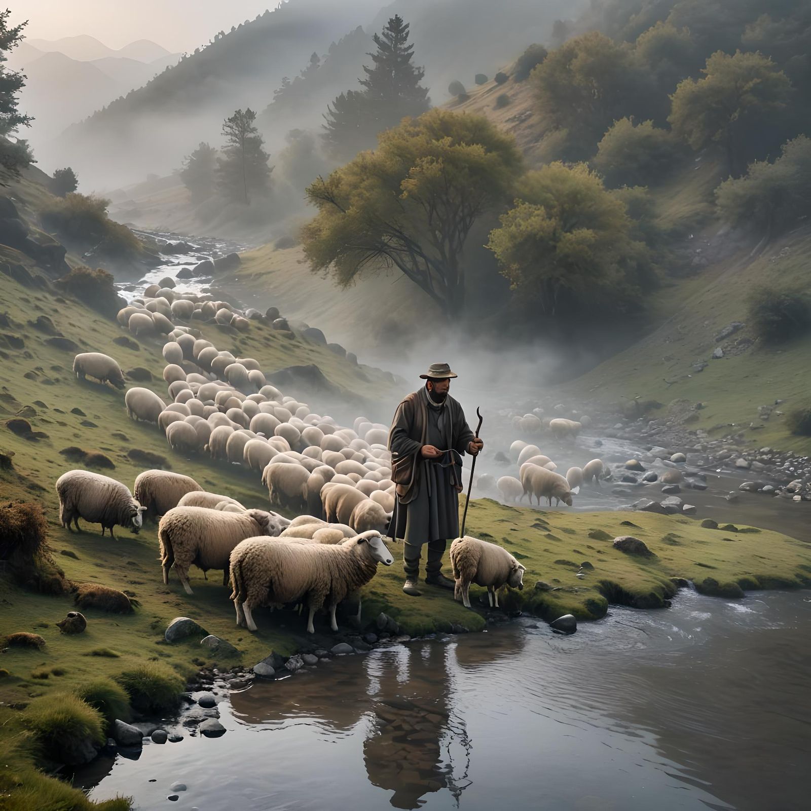 Hebrew Shepherd and Sheep at Mountain Stream