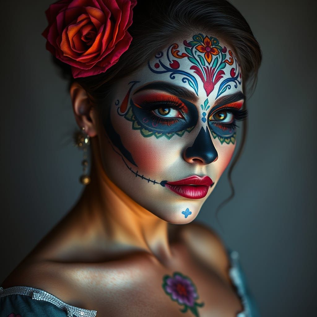Hyperrealistic Woman with Vibrant Dia de los Muertos Face Pa...