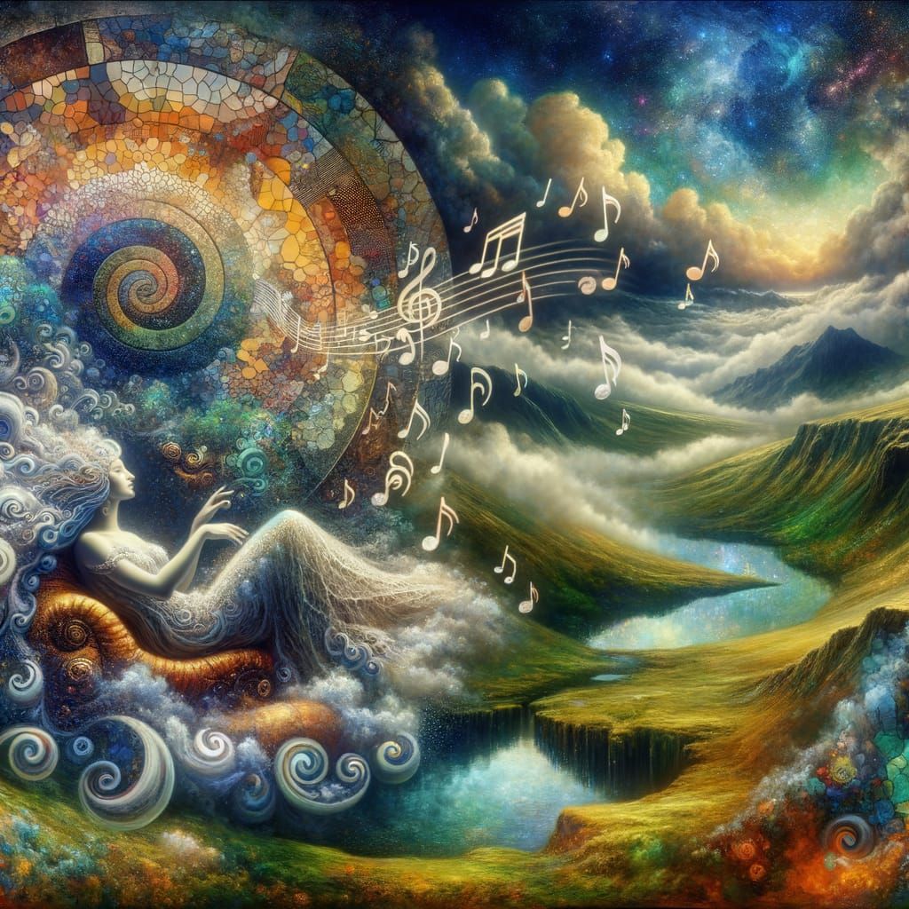 Goddess of Music in Surreal Symbolist Landscape