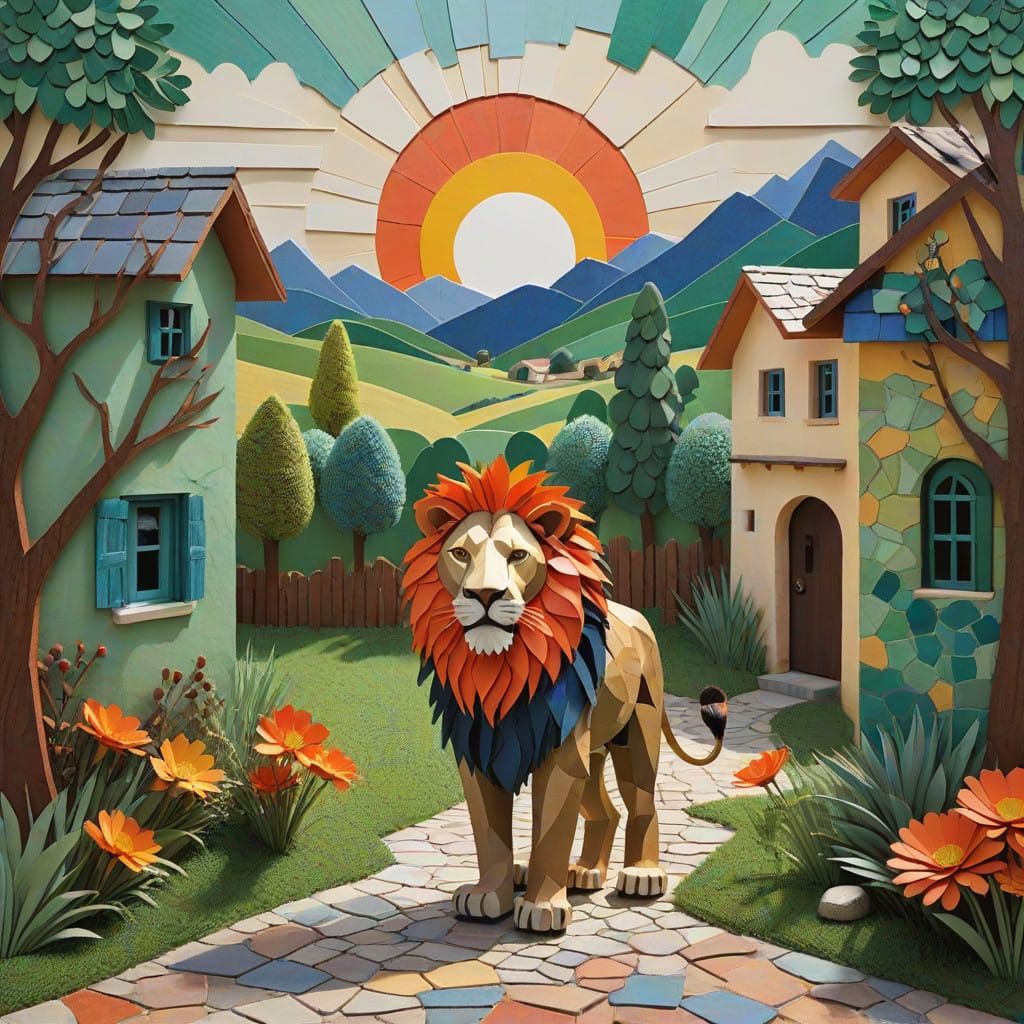 Lion at Village Entrance in Vibrant Collage Style