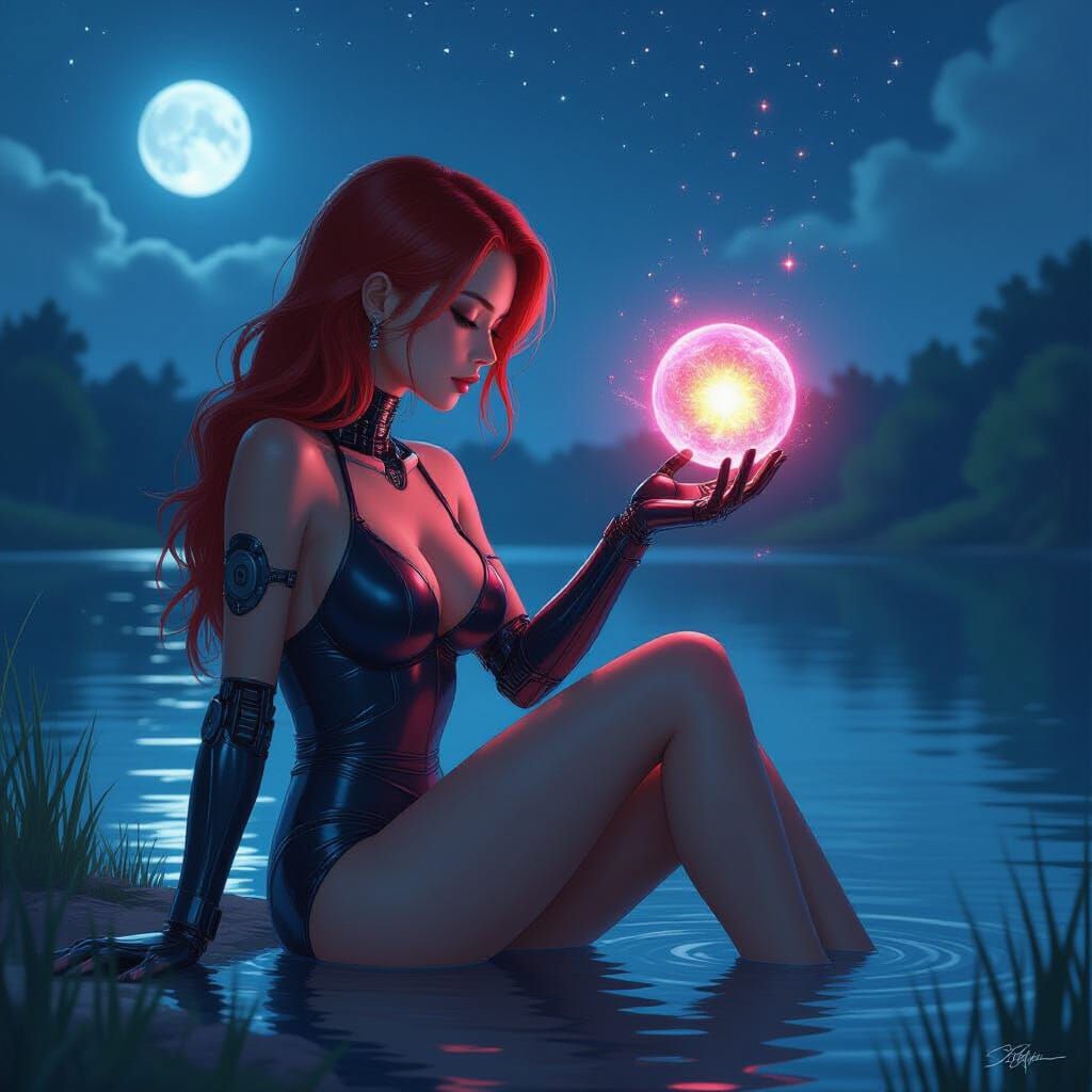 Android Woman Holds Supernova by Moonlit Lake