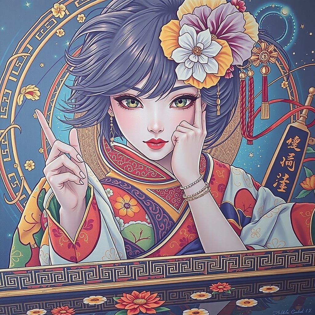 Hyperrealistic Geisha Portrait with Mirrored Reflection