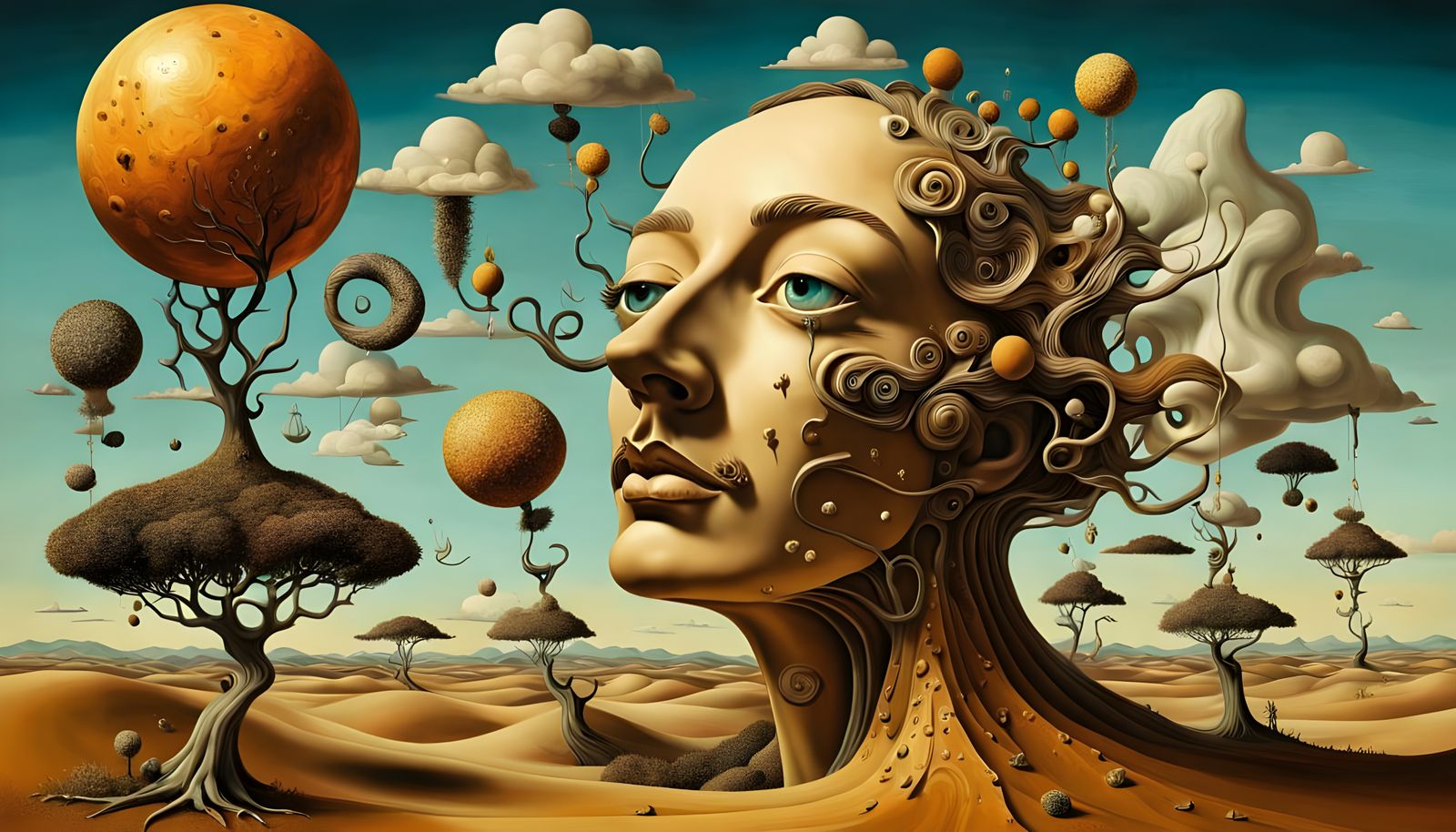 Surreal Objects with Faces in Desert Landscape