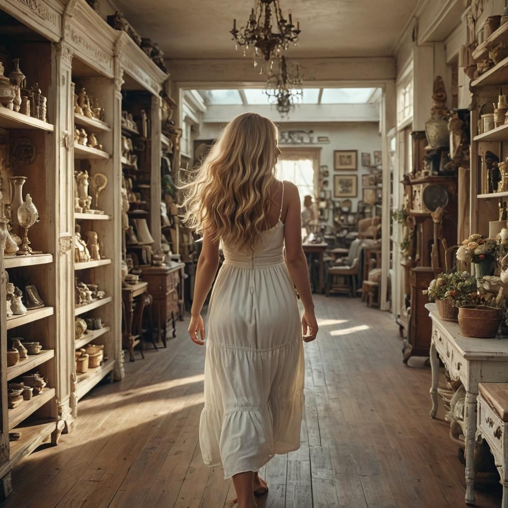 Woman in White Dress in Antique Store