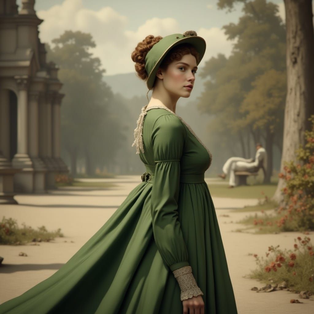 Girl in Regency Bonnet and Green Military Coat