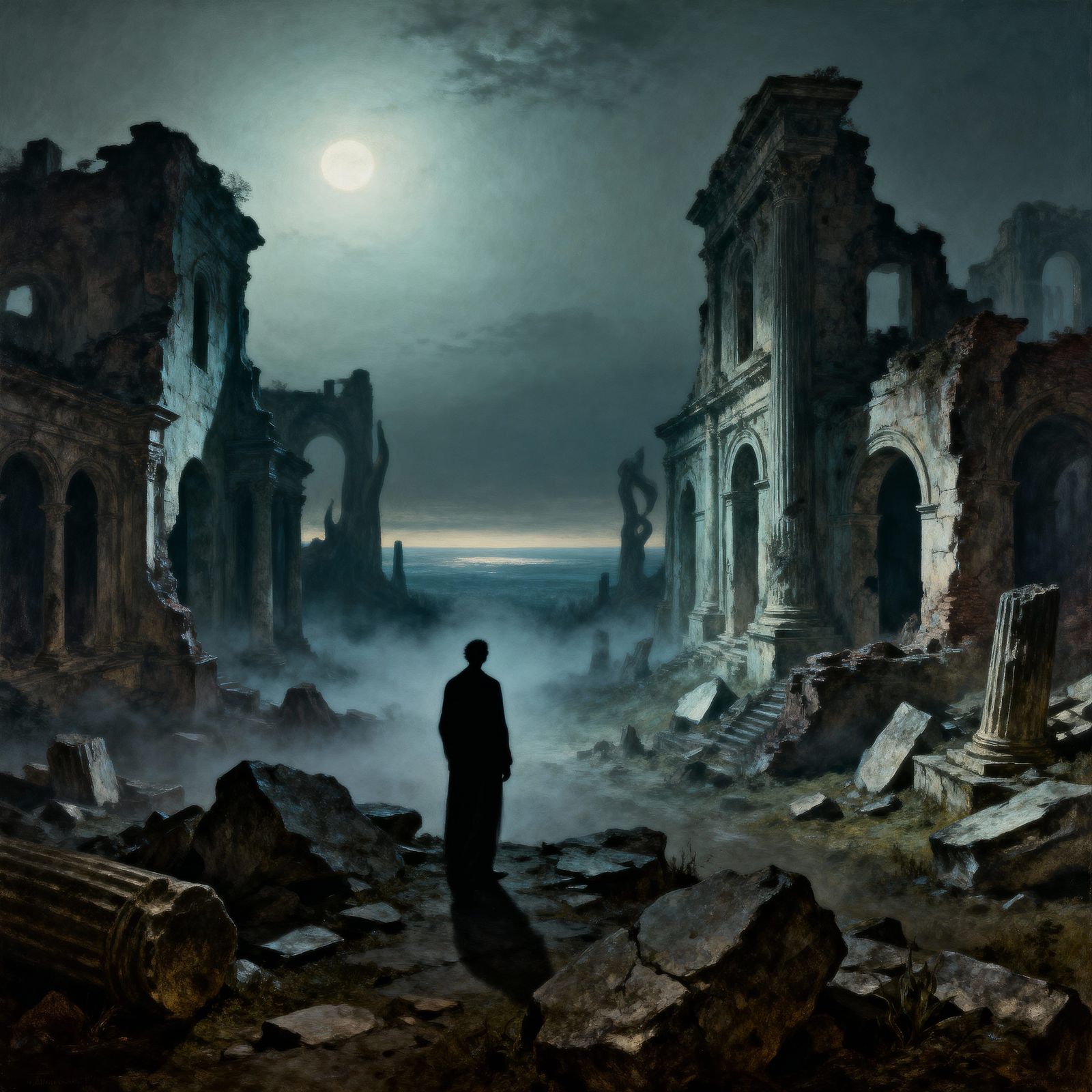 Ethereal Moonlight Ruins With Shadowy Figure