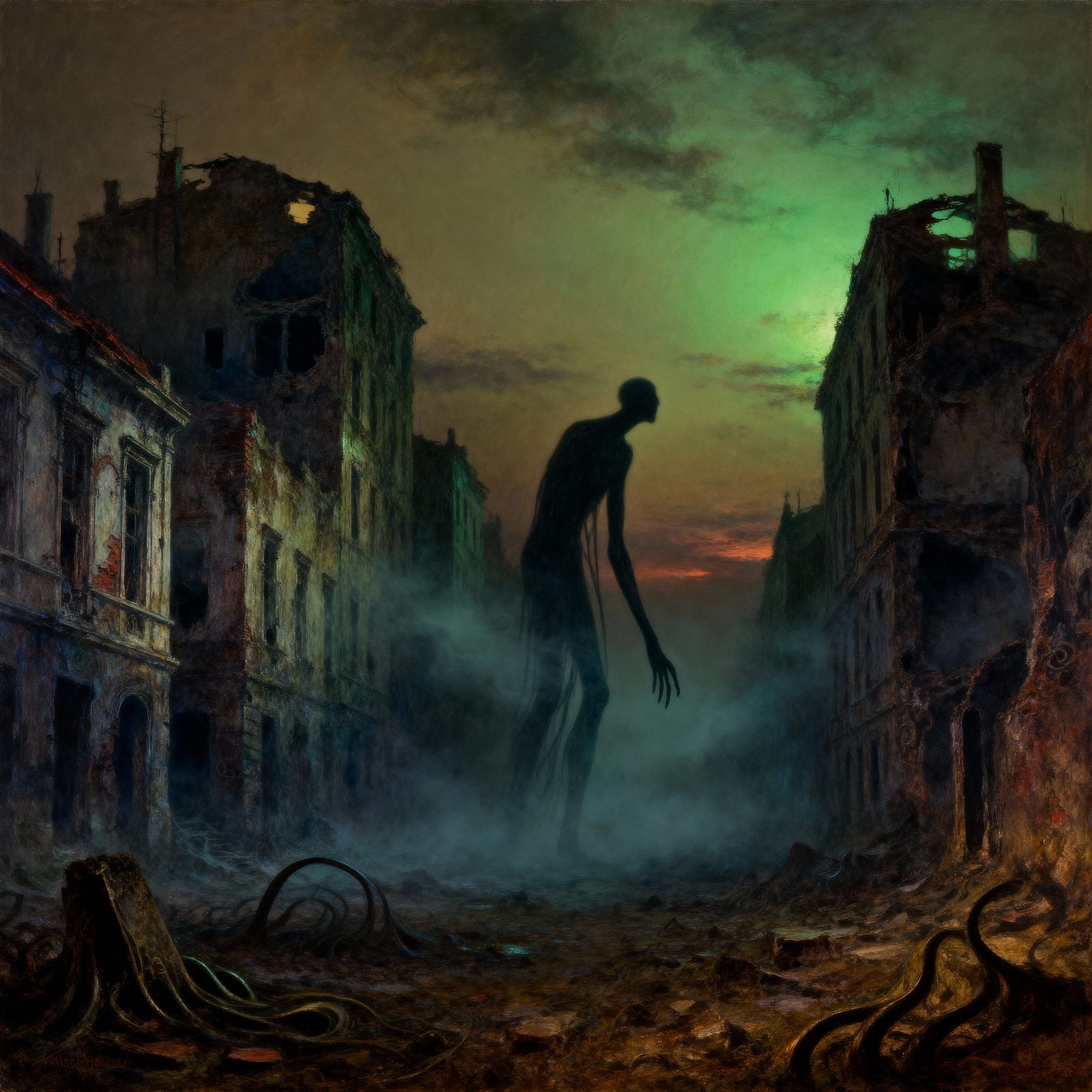 Desolate Cityscape Under Twilight Sky, Surrealist Oil Painti...