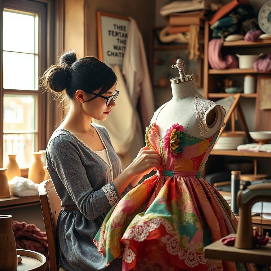 Cozy Sewing Room Scene in Pre-Raphaelite Style
