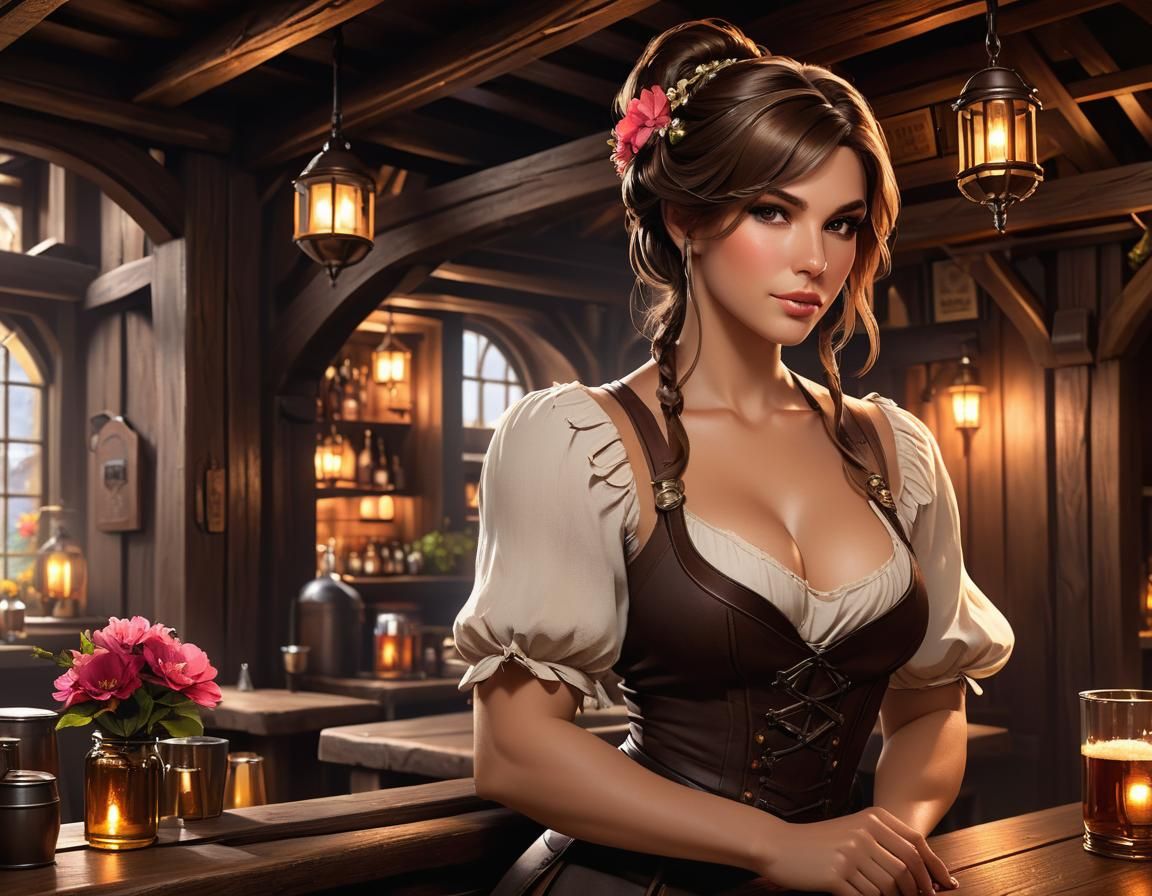 Tavern Keeper with Flowers: Digital Art Portrait