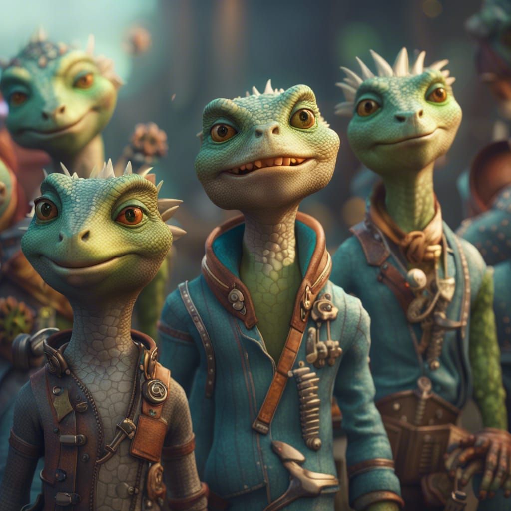 90s Lizard Boy Band in Pixar Style