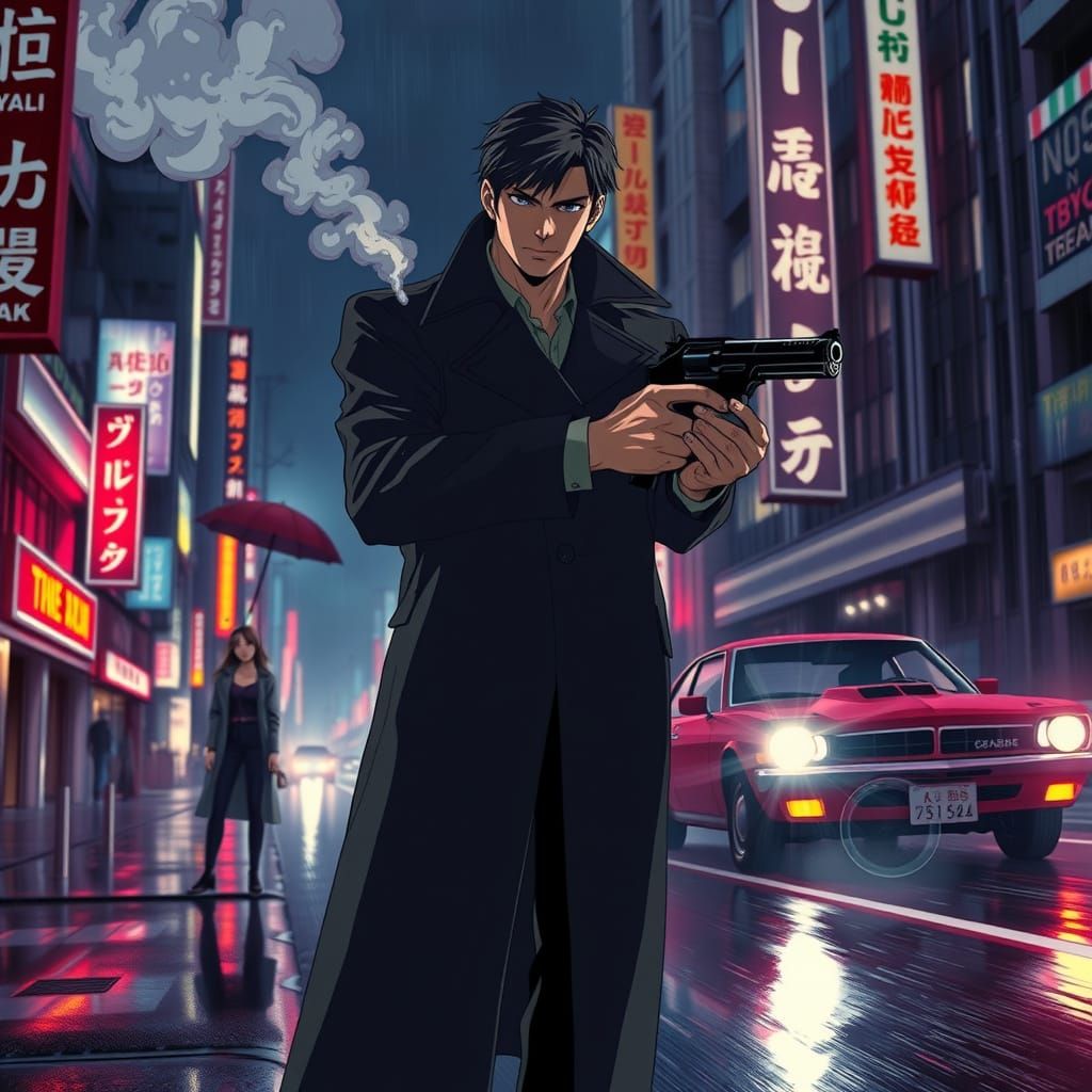 Anime Noir Detective in 1980s Tokyo Nightscape