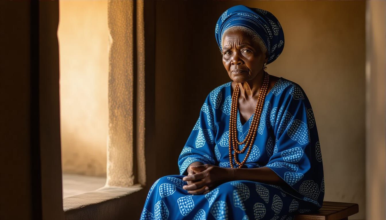 Wise Yoruba Grandmother in Traditional Indigo Dress
