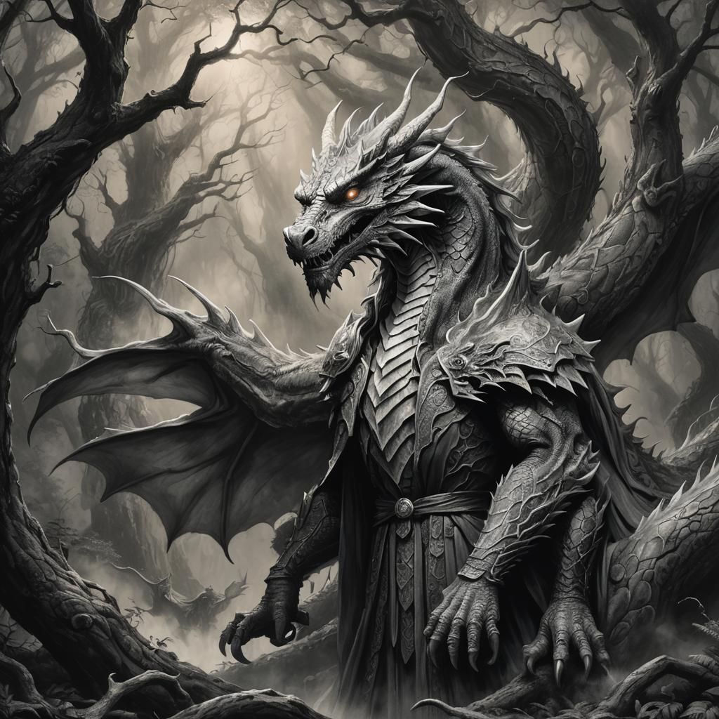 Mystical Dragon Accompanies White Wizard: Charcoal Art