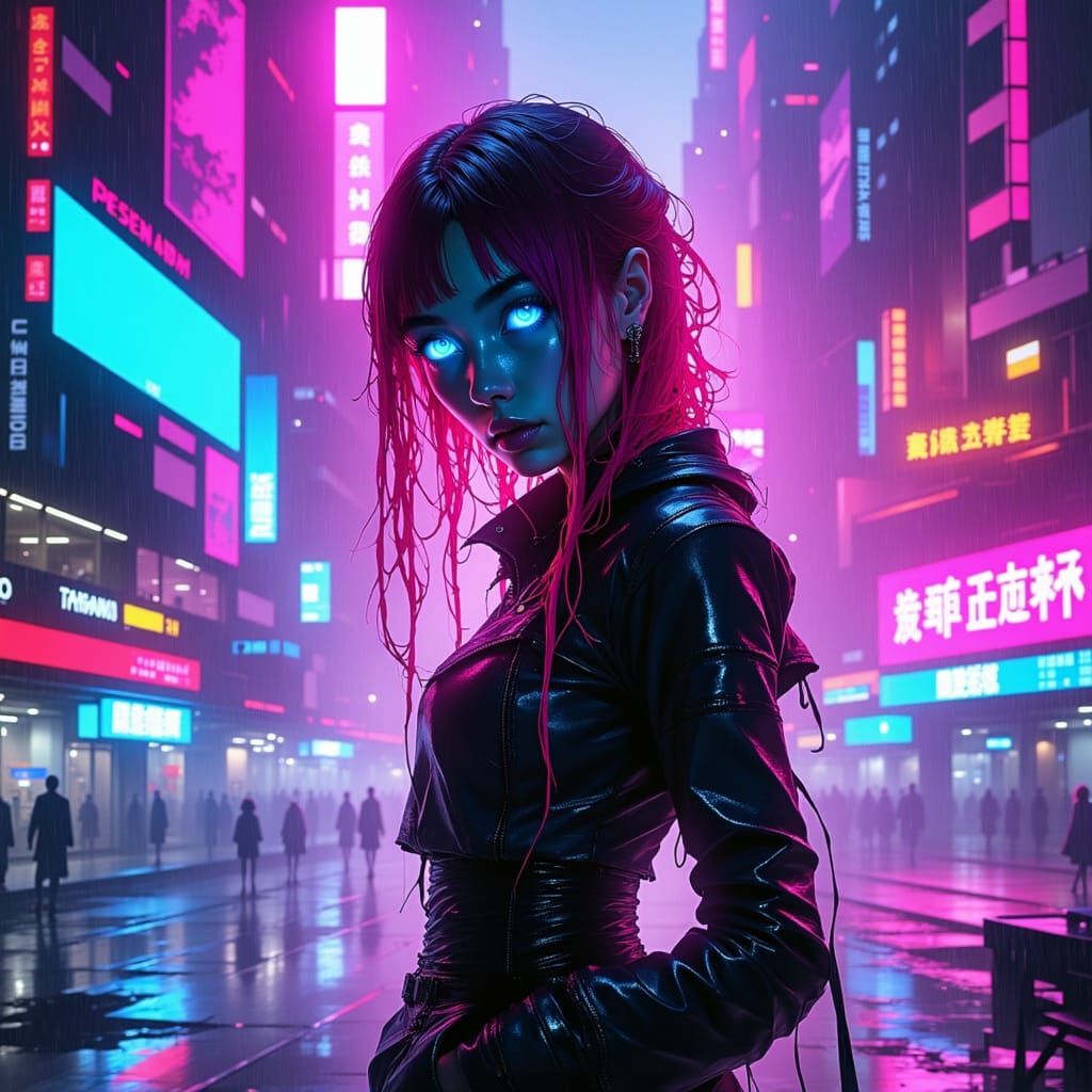 Cyberpunk Woman in Neon City Rain