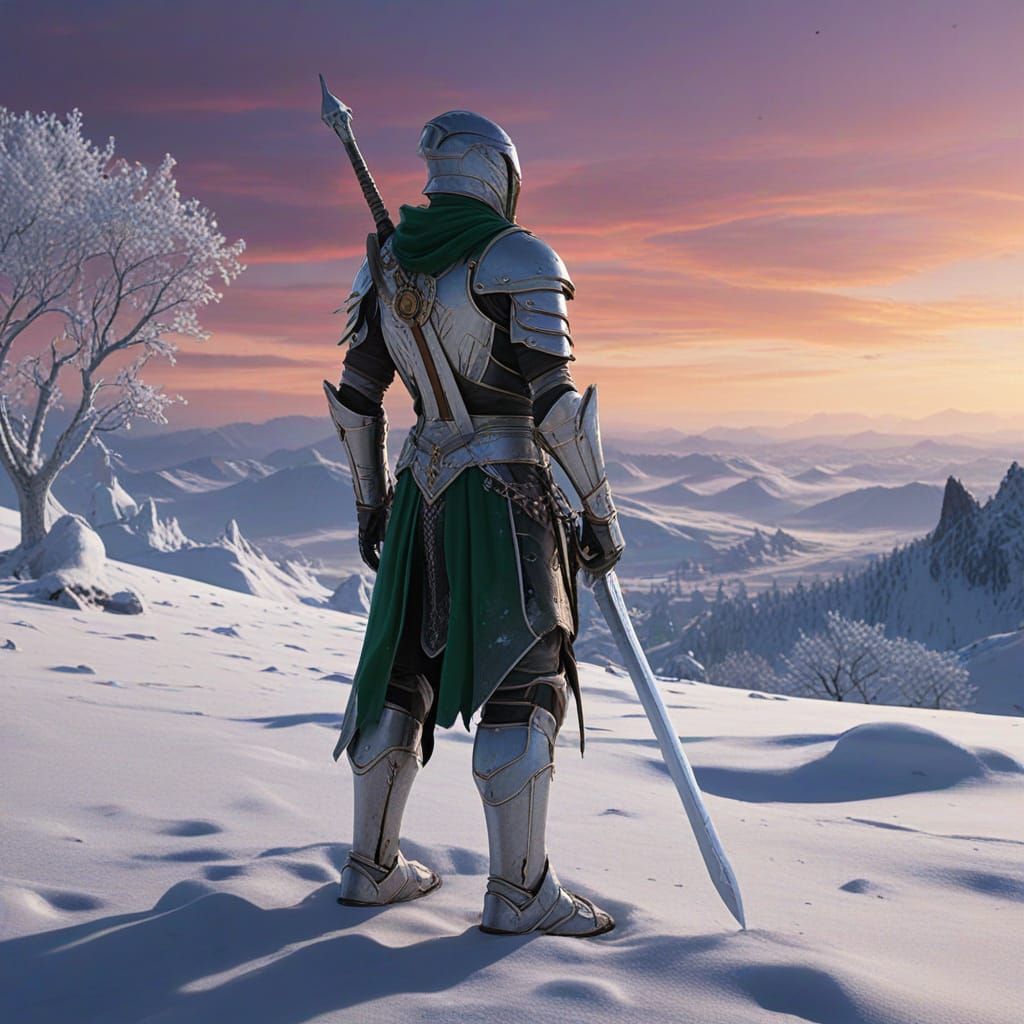 Lone Frostbitten Warrior in Serene Snowy Landscape