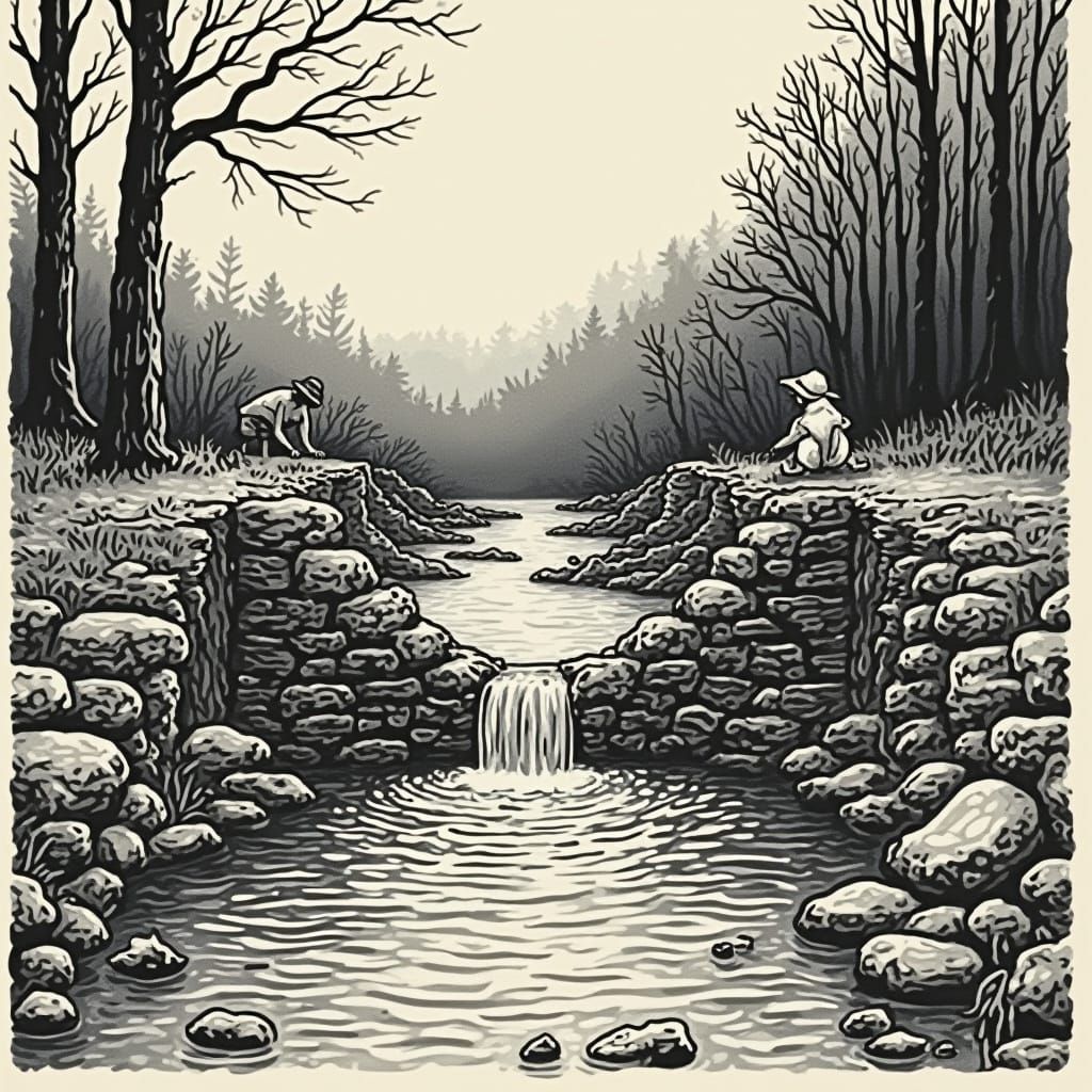 Children Building a Stone Dam by a Stream in a Woodcut Style