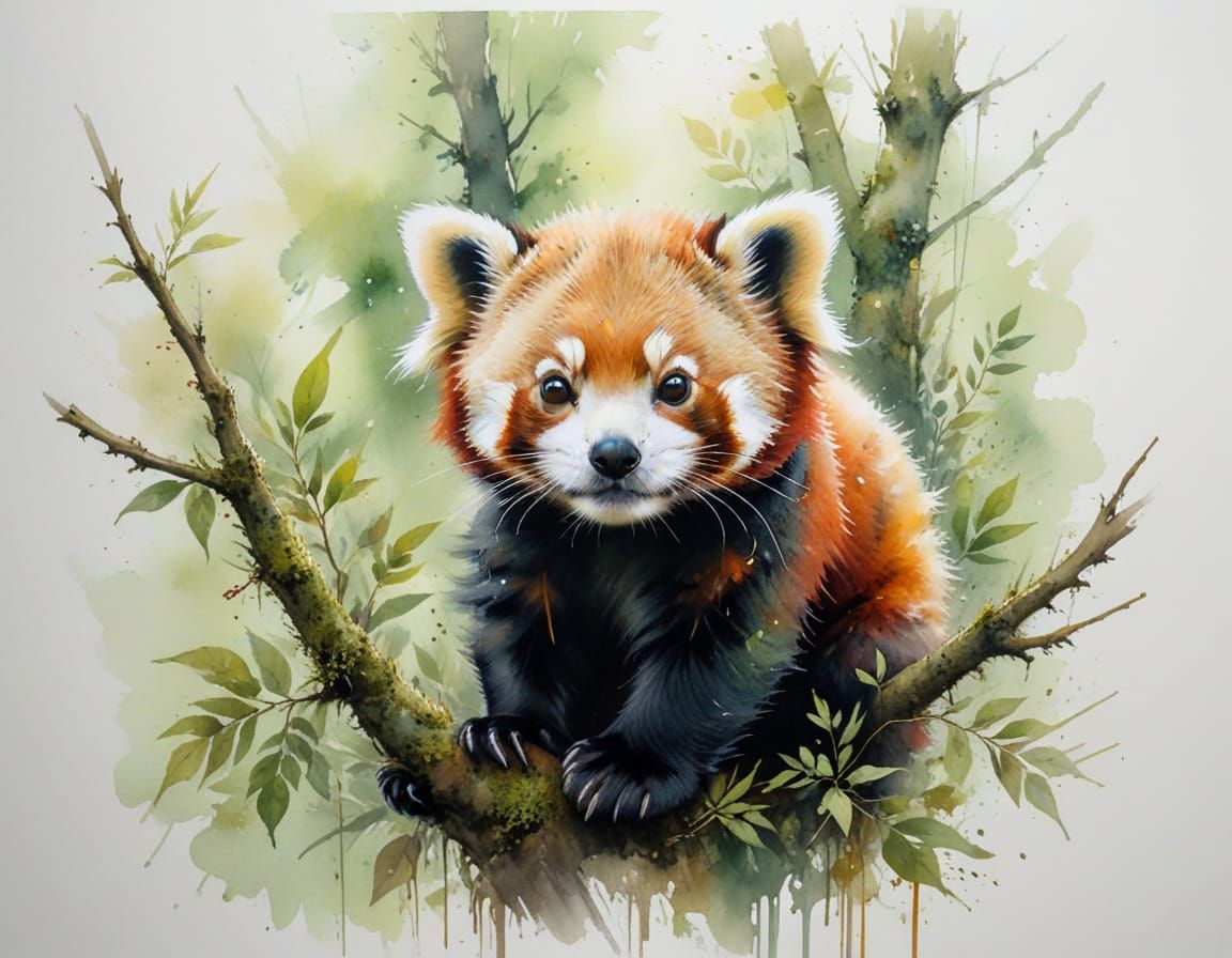 Red Panda Cub in Dappled Sunlight, Watercolour Style