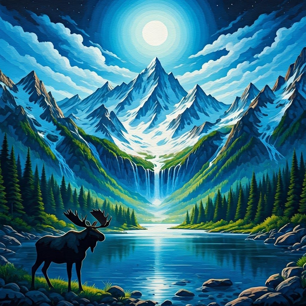 Majestic Moose Silhouette at Snowy Mountain Range