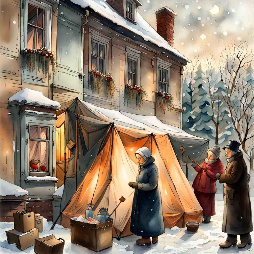 Festive Winter: Old Woman's Christmas Camping Scene