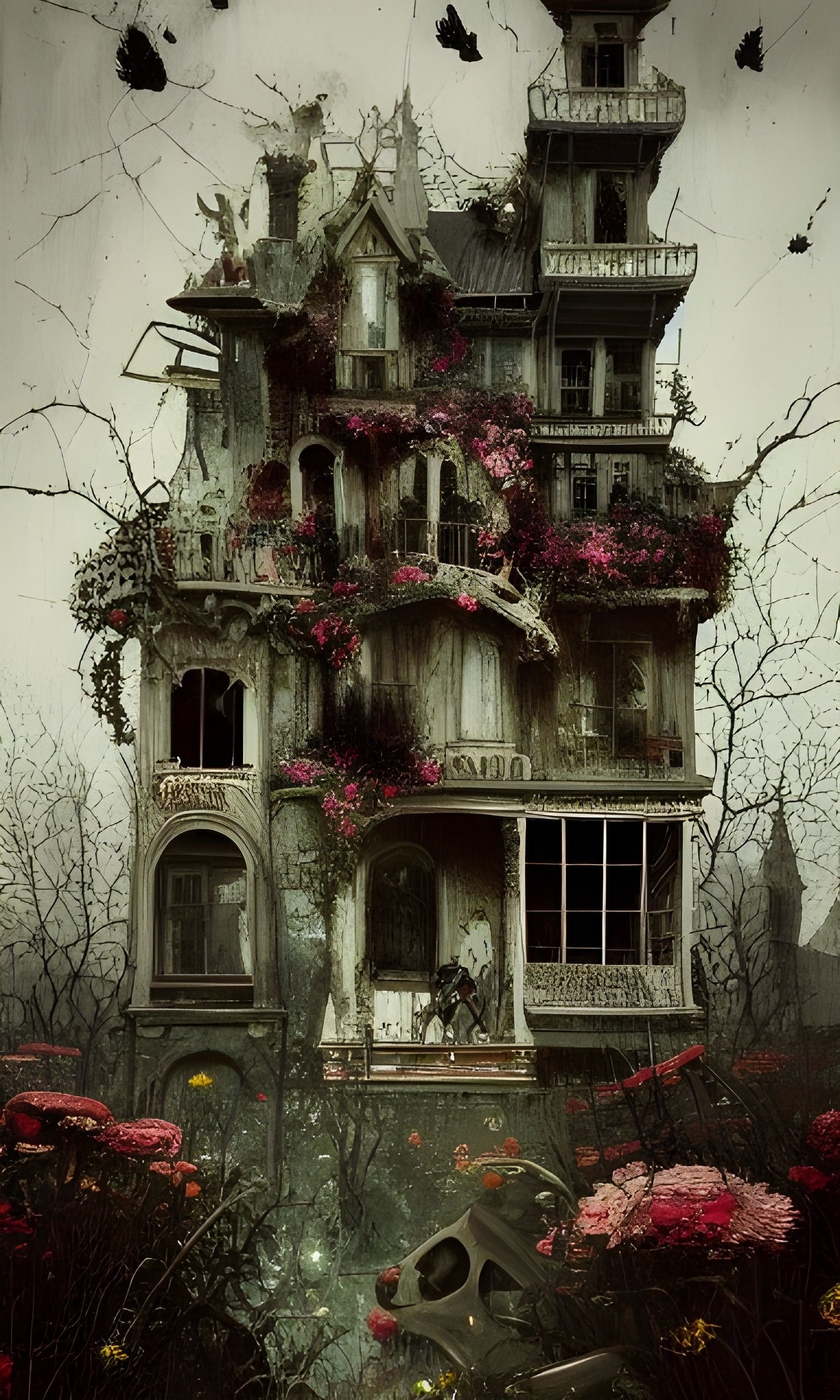 Intricate Haunted House Painting with Creepy Flowers