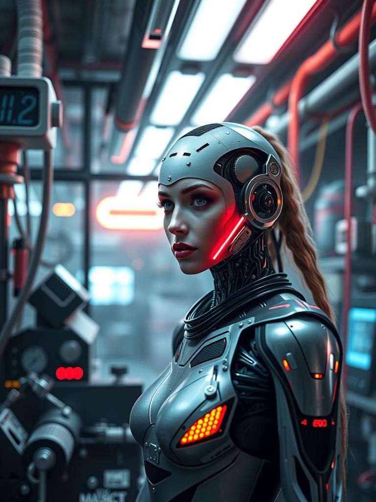 Cyborg Woman in Neon Cyberpunk Machine Shop