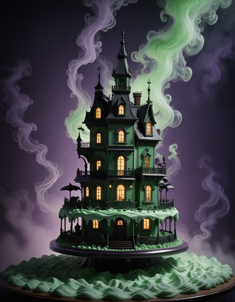 Surreal Haunted Dollhouse Cake in Fog Vortex