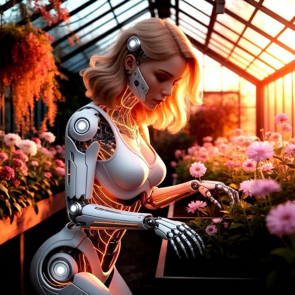 Cyborg Gardener in Golden Hour Fantasy Garden