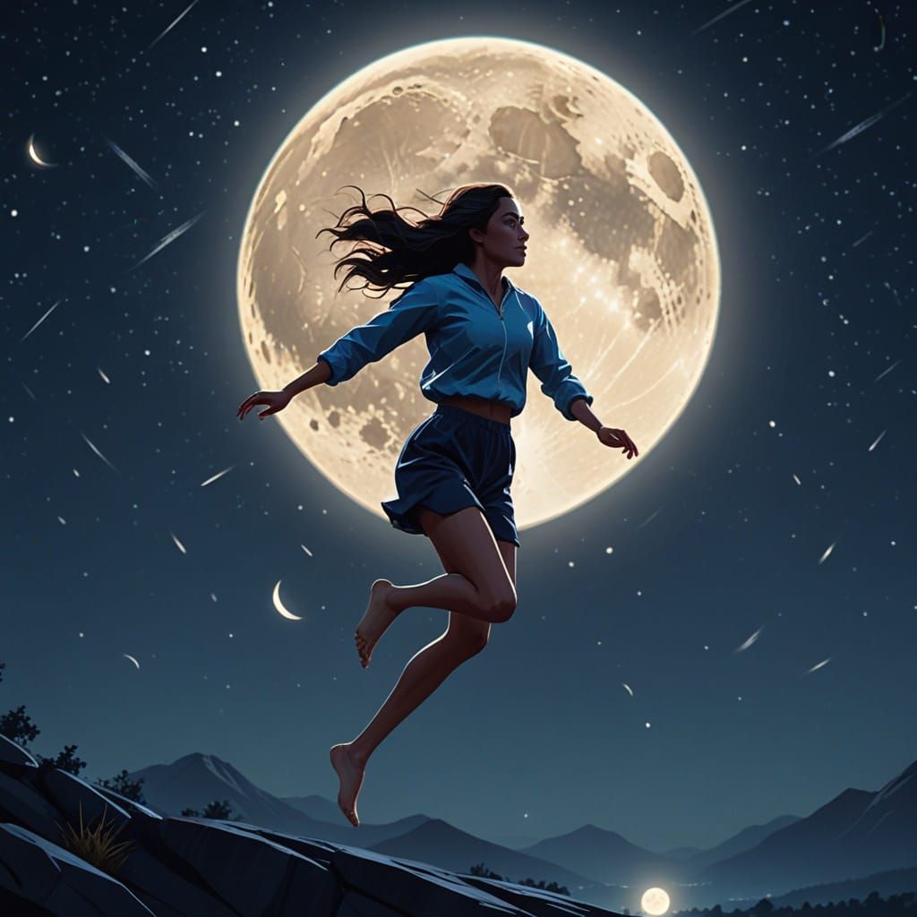 Woman Long Jumping Past Full Moon in Low-Poly Style