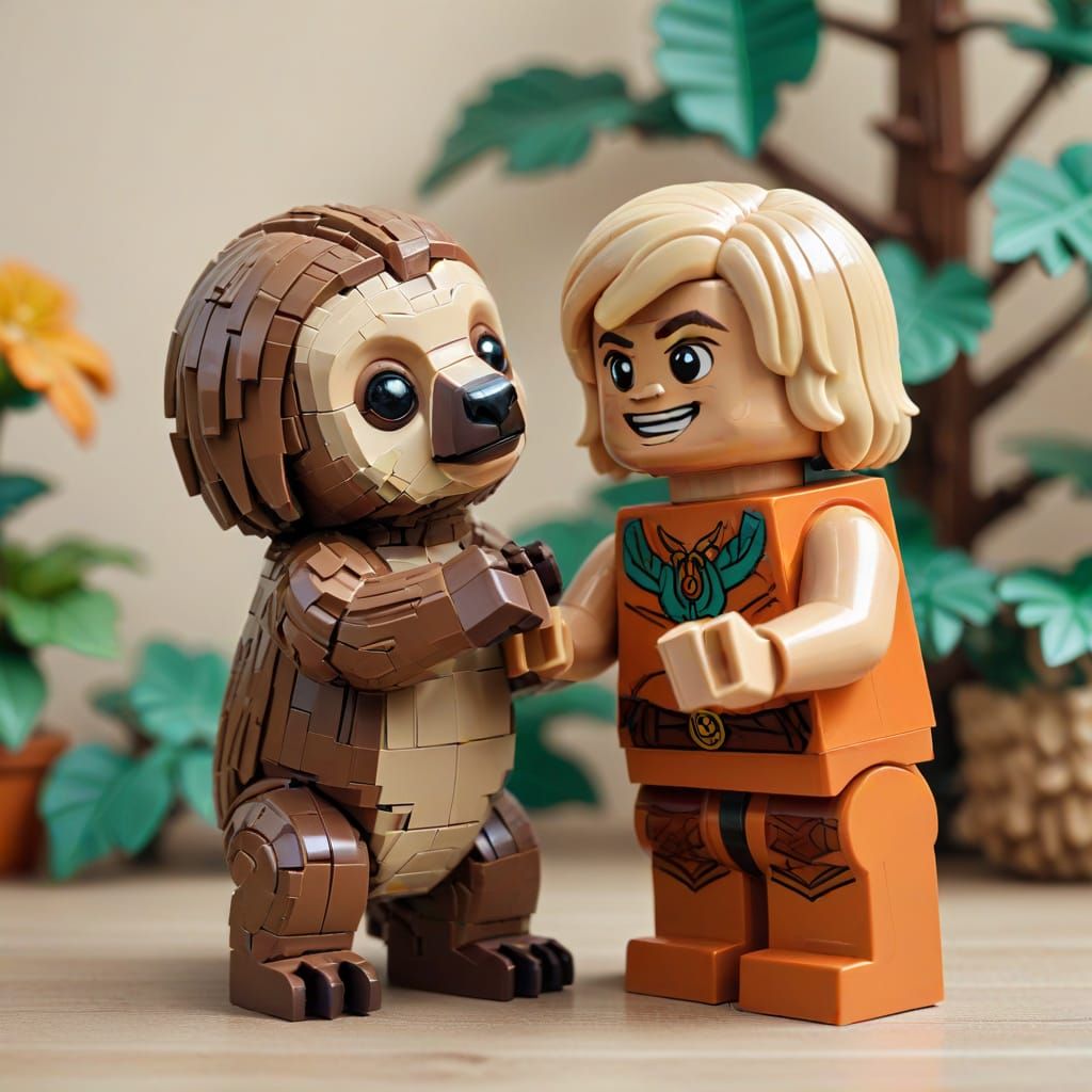 Lego He-Man Pats Adorable Sloth in Pixel Art Style