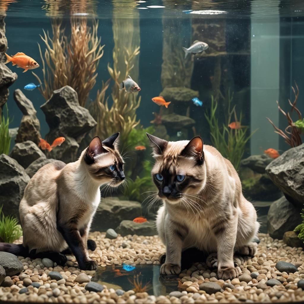 Siamese and Tabby Cats Intently Watching Fish
