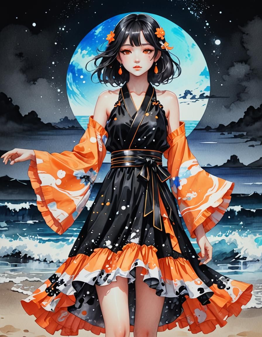 Holographic Kimono on Black and White Beach