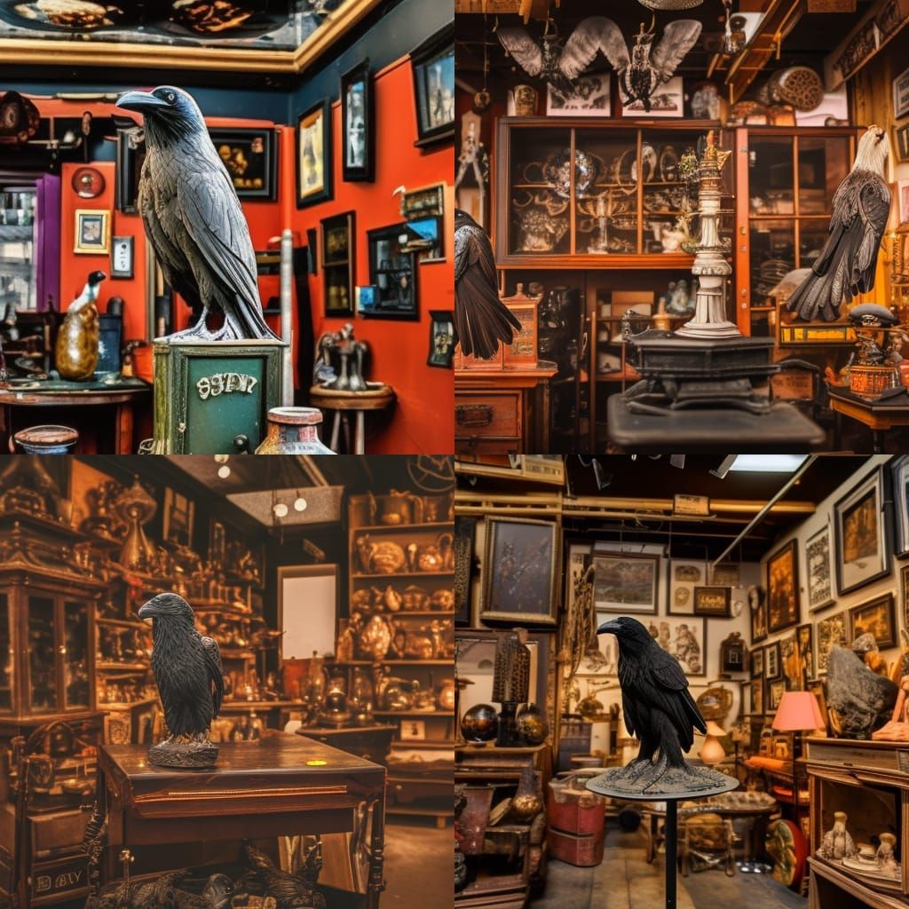 Dusty Antique Shop with Raven Figurine
