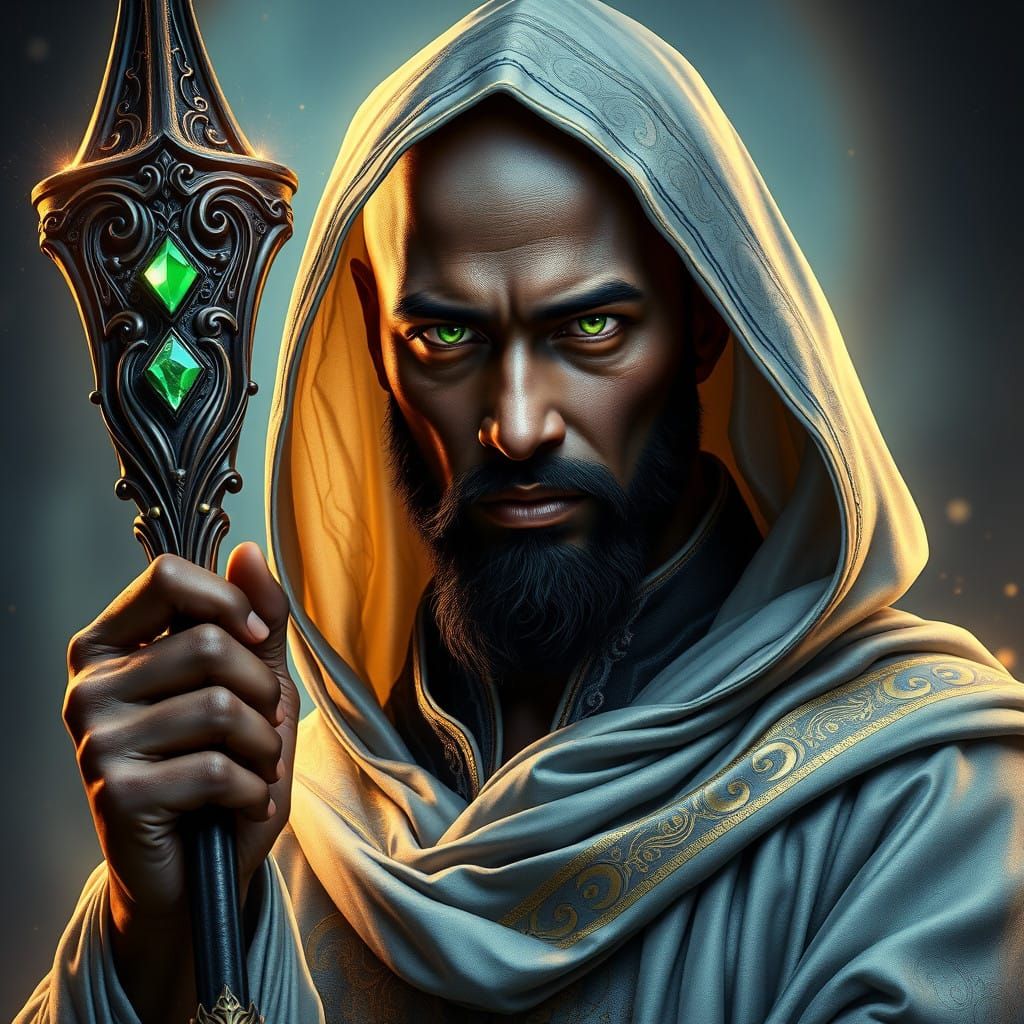 Majestic Wizard in Elegant Gray Robe Commands Attention