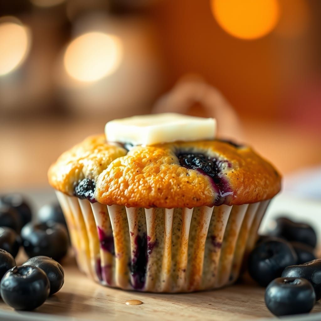 Steaming Hot Blueberry Muffin with Glistening Butter