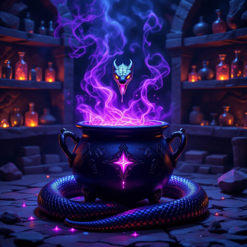 Obsidian Cauldron Overflowing with Eerie Purple Potion