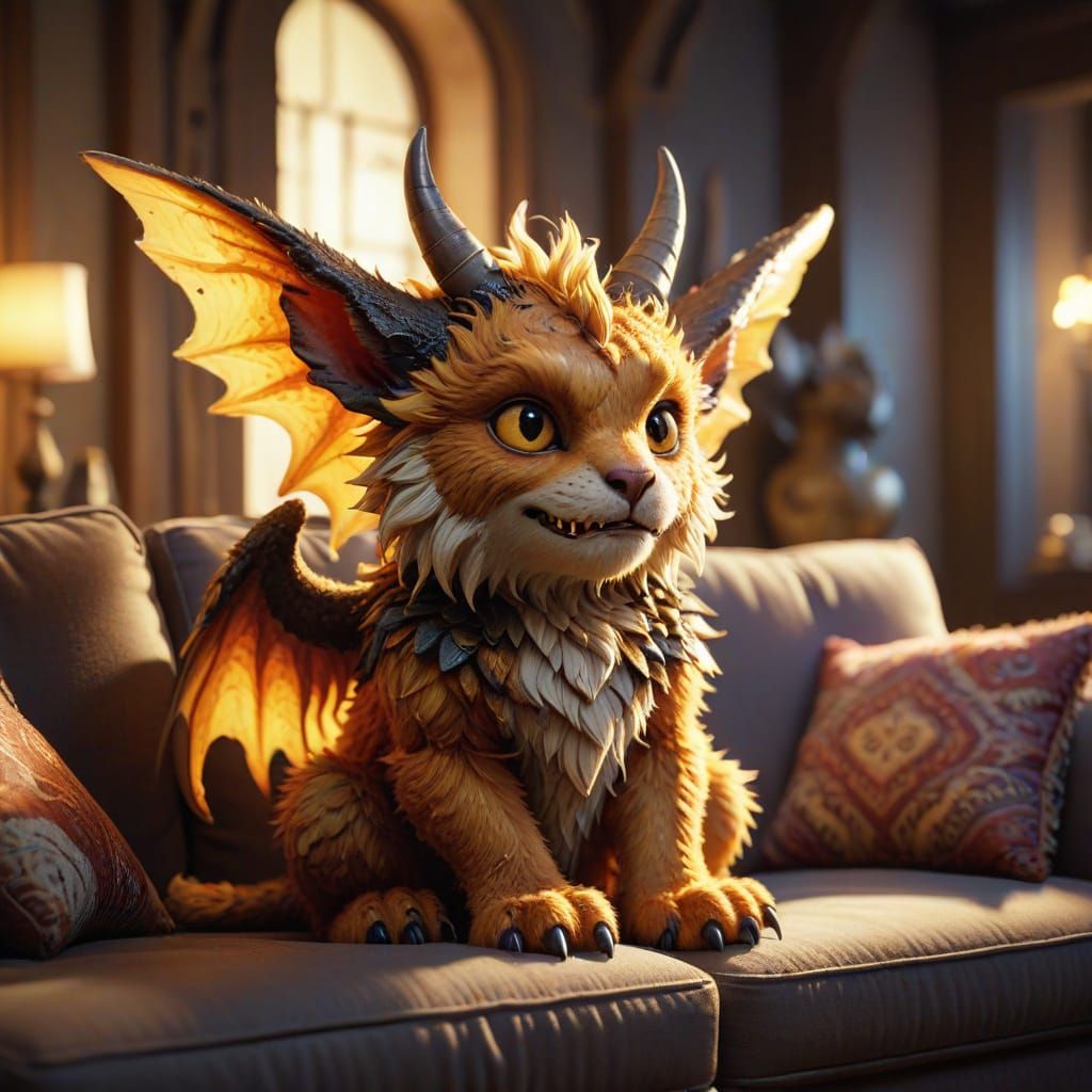 Fantasy Pet Monster Snuggles on Cozy Couch in Whimsical Art
