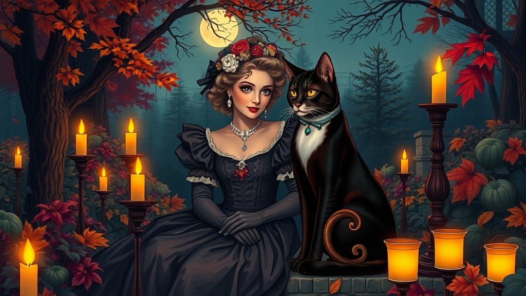 Victorian Countess and Cat in Fauvist Autumn Garden