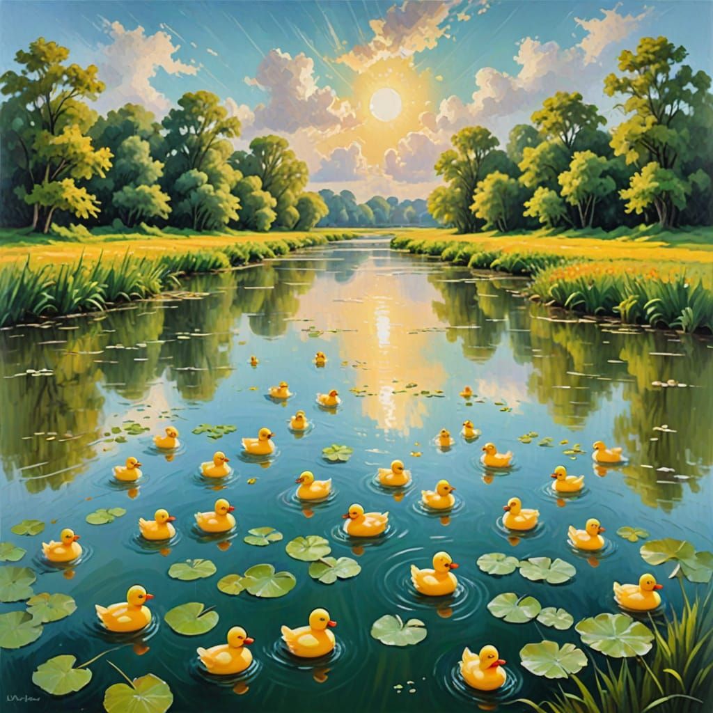 Dreamlike Impressionist Scene: Yellow Rubber Ducks on a Gree...