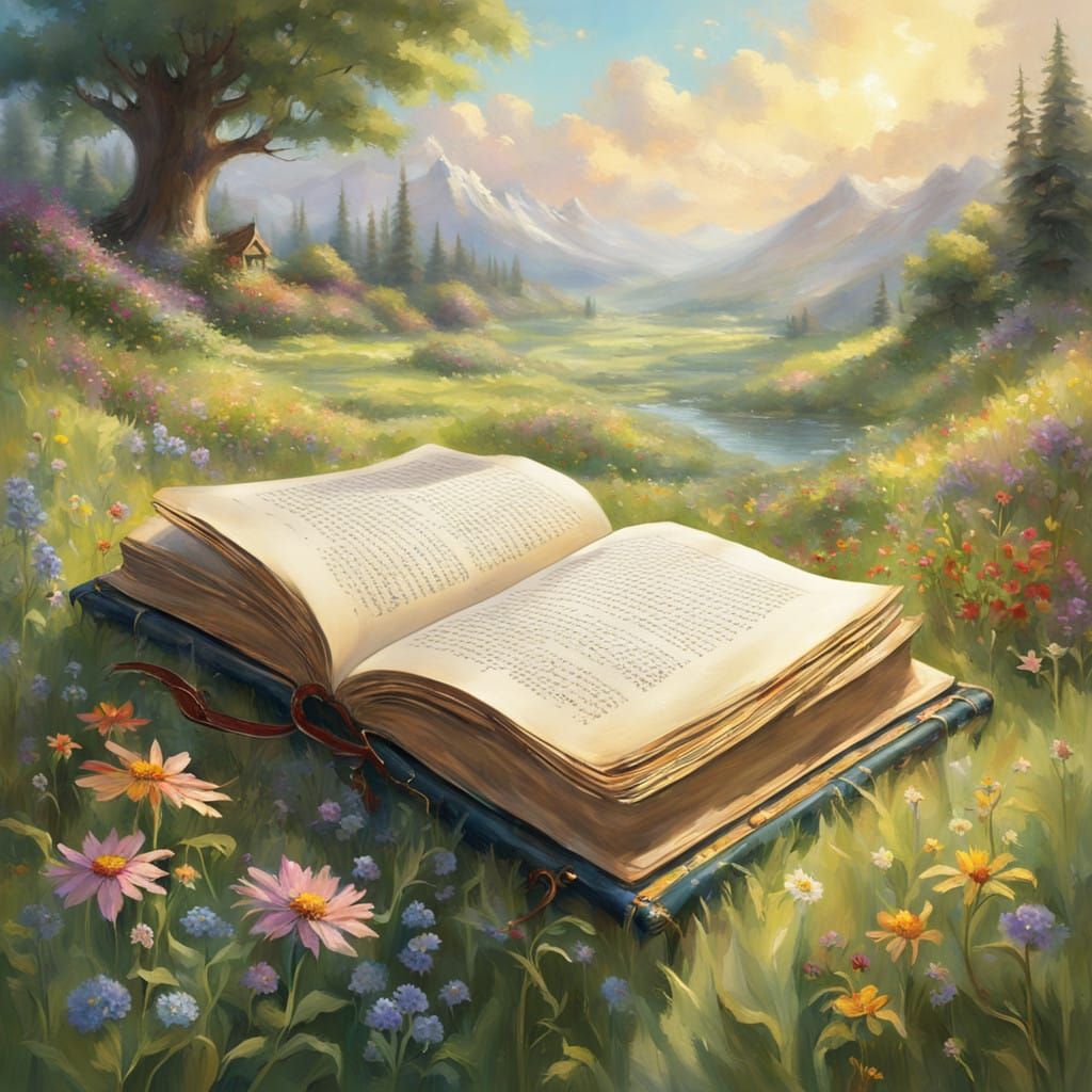 Vintage Book in Whimsical Summer Landscape