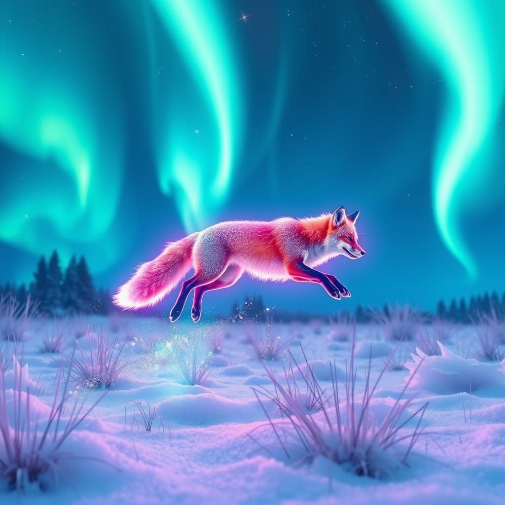 Glitching Fox Dances Under Northern Lights
