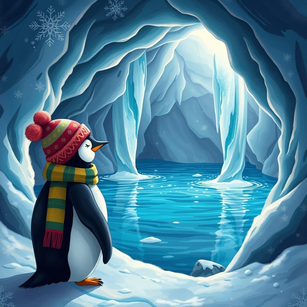 Whimsical Penguin at Icy Cave Entrance
