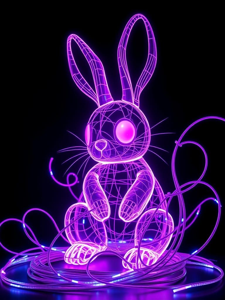 Neon Fiberoptic Bunny Sculpture in a Surreal Style
