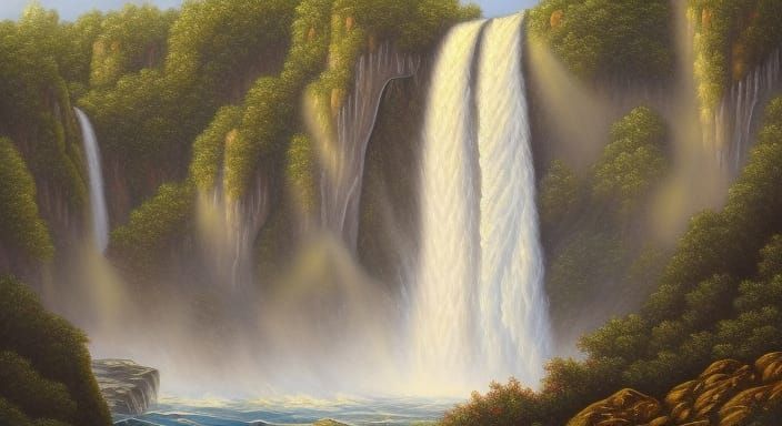 Romantic Waterfall Painting with Volumetric Lighting