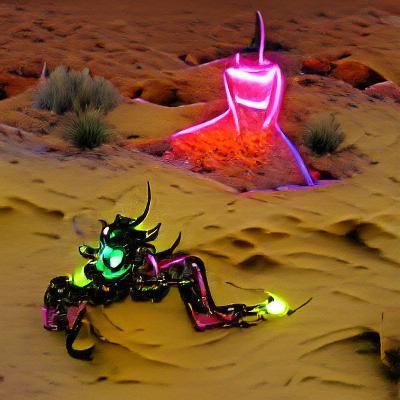 Robotic Demon Amidst Jewel-Filled Desert
