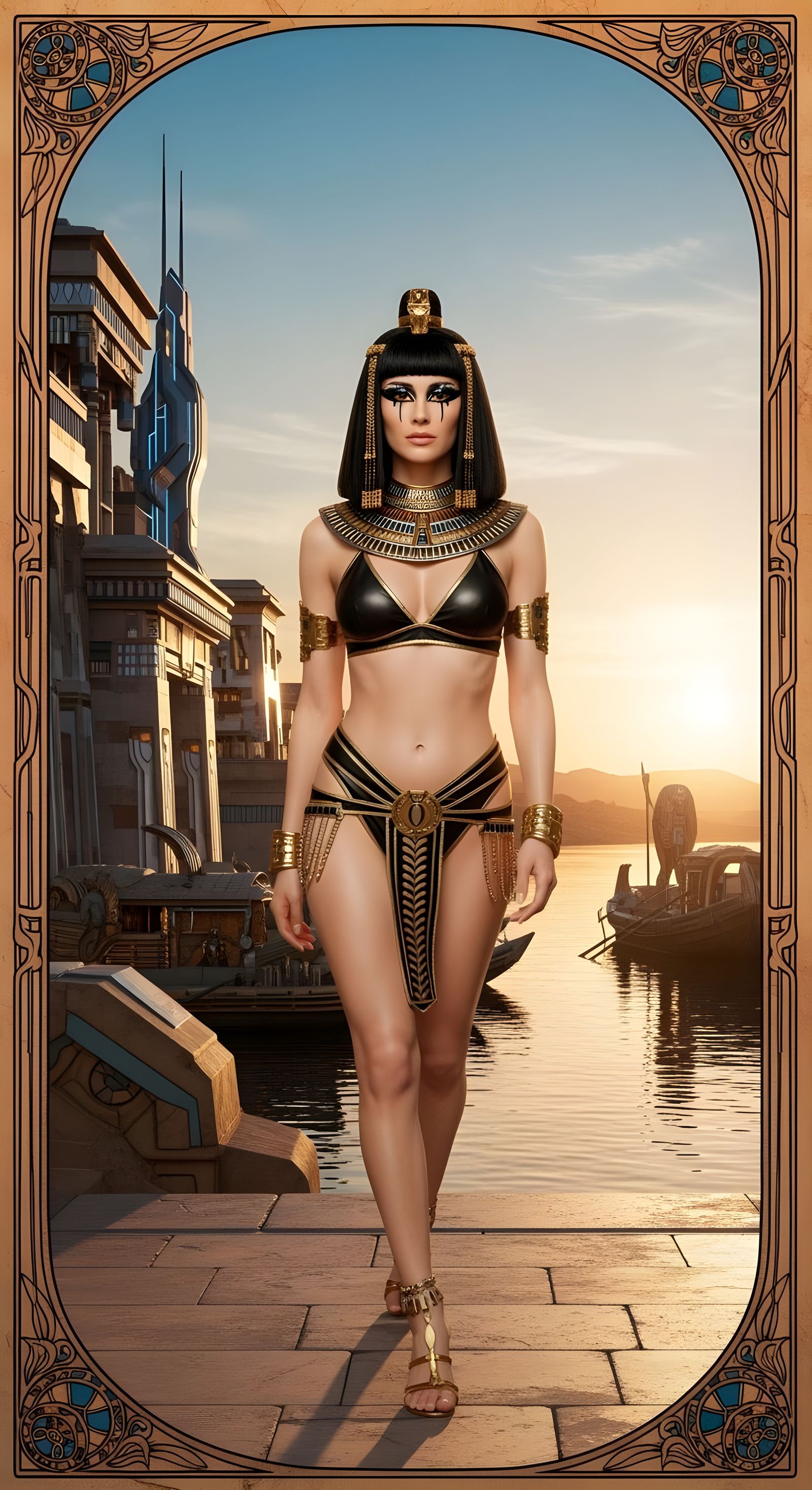 Cleopatra Walks Confidently Near Nile in Cinematic Style